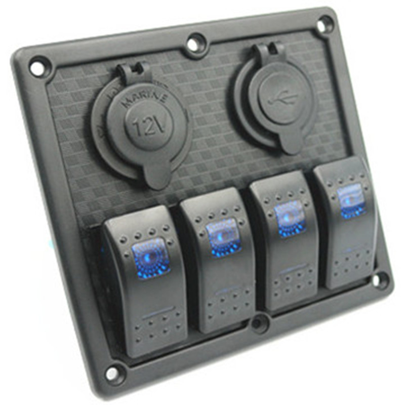 4位塑胶面板船形翘板开关 3.1A双USB插座 12V母座 车载充电器