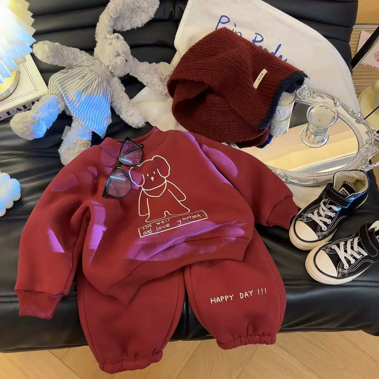 儿童卫衣 套装男女童红色加绒加厚两件套中小童卡通印花休闲套装