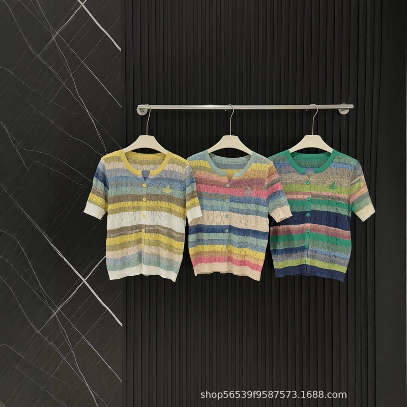 Original Vivienne Westwood Saturn Embroidery Rainbow Stripe Cardigan 2026 Summer Thin Breathable Short Sleeve Knitwear for Women