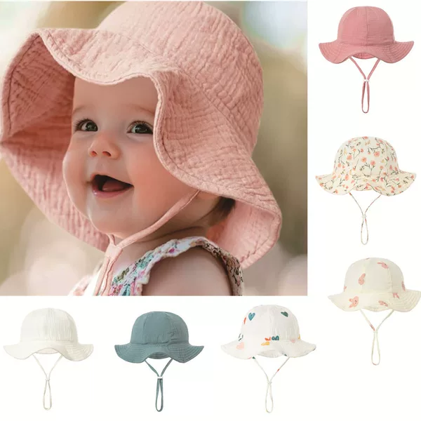 Cross-Border Children's Sun Hat Breathable Cotton Gauze Beach Hat Boys and Girls Windproof and Sunproof Adjustable Fisherman Hat