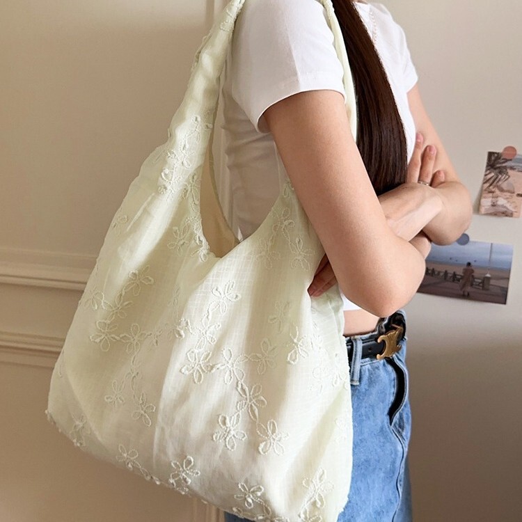 4664 Fresh Chiffon Floral Single Shoulder Vest Bag Shopping Bag Ins Large Capacity Casual Lazy Canvas Bag