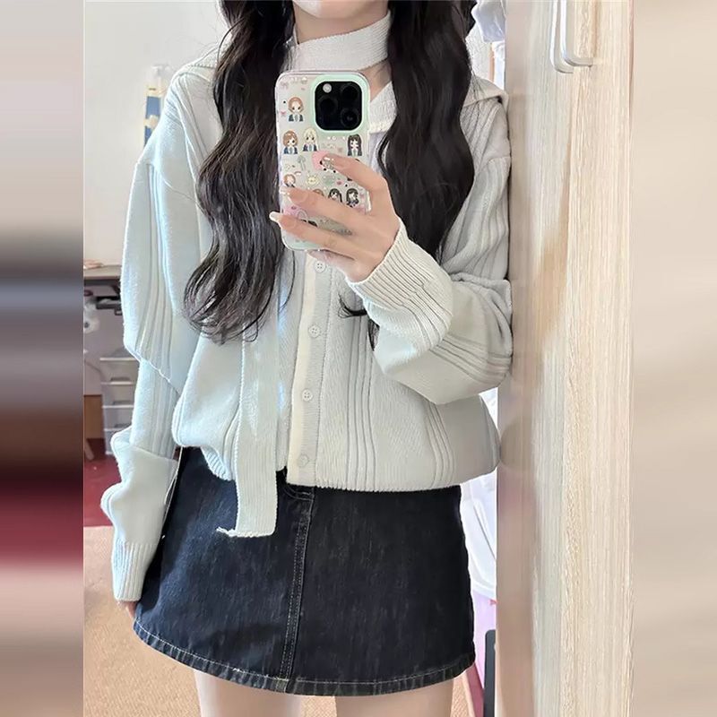 Navy Collar Preppy Style Blue Knitted Sweater Cardigan for Women Spring & Fall 2025 New Korean Style Lazy Petite Top