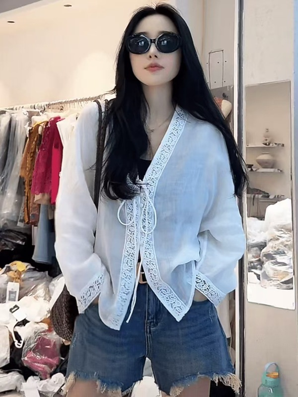 苎麻新中式v领长袖防晒衬衫薄款轻奢高级感女士罩衫上衣2025新款|undefined
