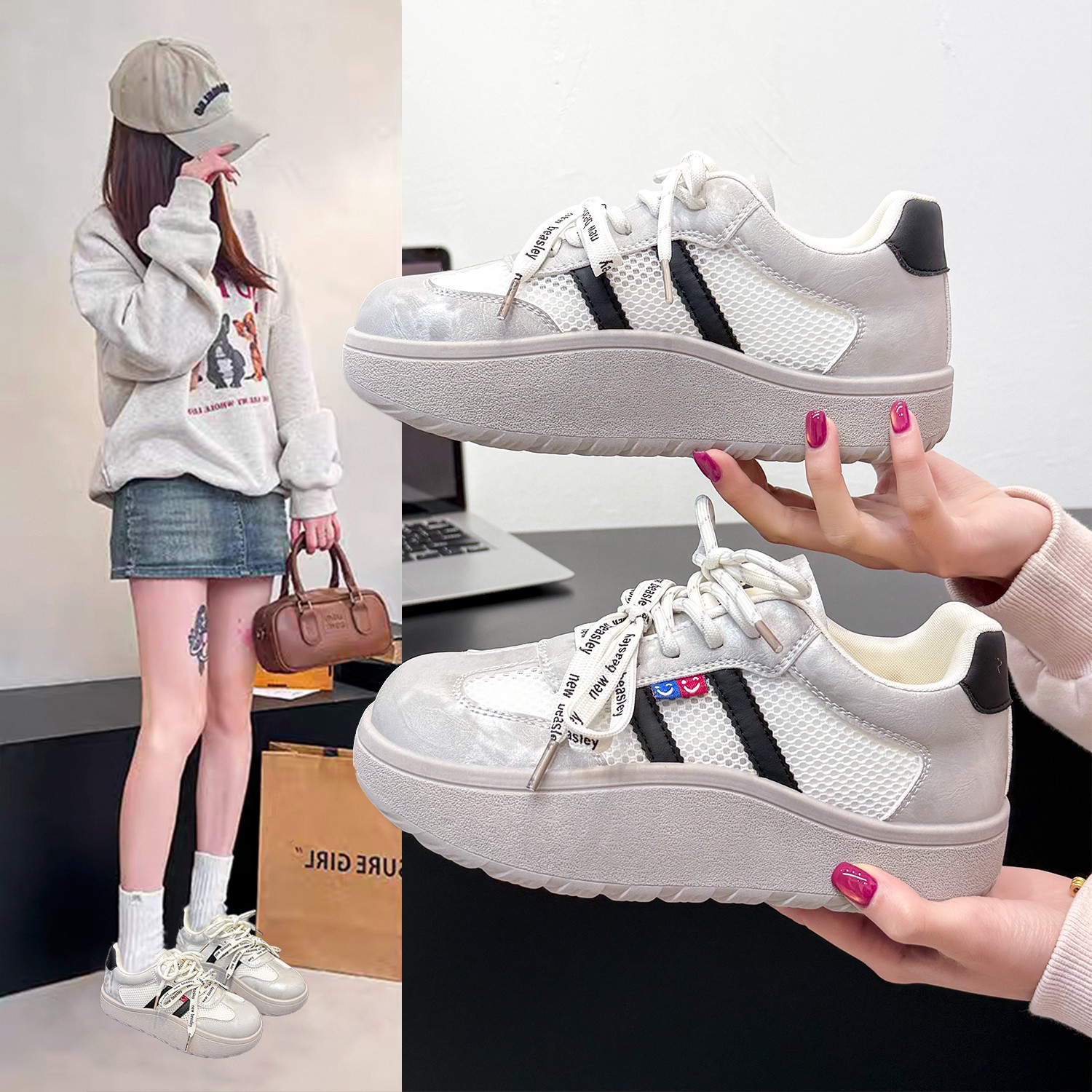 Zapatos deportivos plateados de primavera de mujer nuevos zapatos casuales de malla transpirables con suela gruesa de letras variadas zapatos de cordón de skate zapatos de mujer lotes