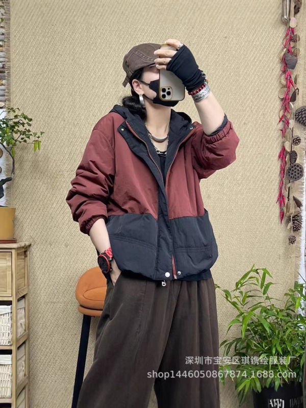 琪镌绘制棉服女冬季新款棉衣韩版宽松连帽拼接松紧袖口小棉袄外套|undefined