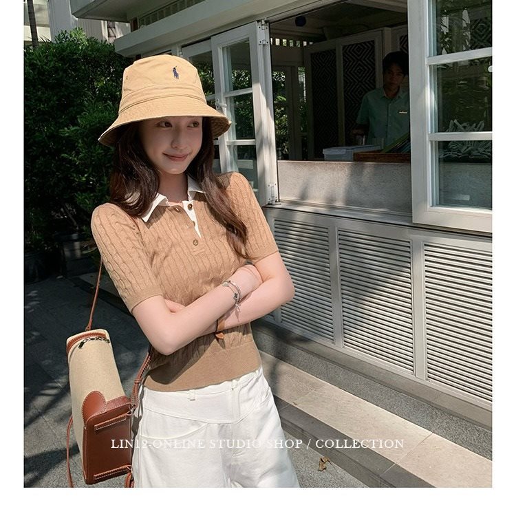 Lin12-Ivy Style Retro Polo Collar Cable-Knit Short-Sleeve Wool Sweater Old Money Style Slim-Fit Top Lin12-Ivy Style Retro Polo Collar Cable-Knit Short-Sleeve Wool Sweater Old Money Style Slim-Fit Top