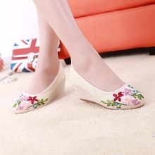 民族風亞麻絲帶老北京布鞋 手工透氣淺口坡跟女單鞋工作鞋