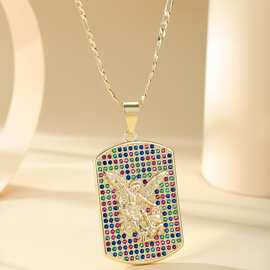 亚马逊电商希腊神话方牌吊坠项链高级感黄铜镀金彩色锆石项链饰品