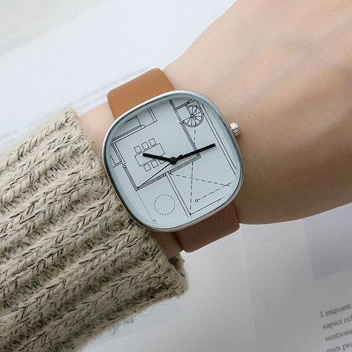 Japanese and Korean geometric pattern boys and girls watch belt fashion student watch Mori style boys middle school quartz watch