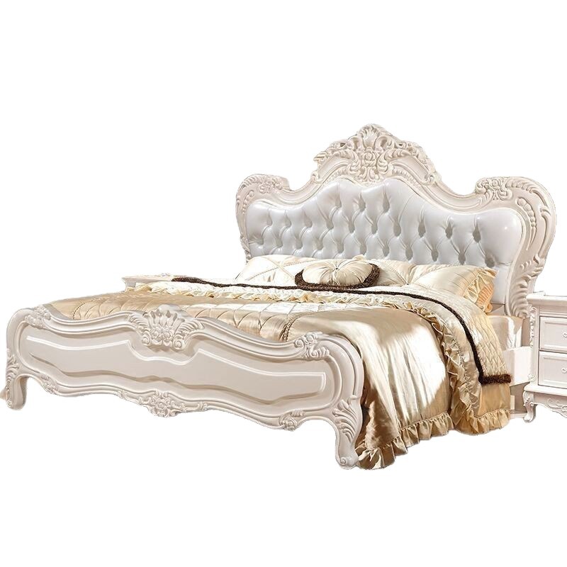 Cama de madera maciza de estilo europeo directamente de fábrica, cama doble clásica americana tallada, cama de matrimonio de 1.8 metros, cama grande, venta al por mayor.