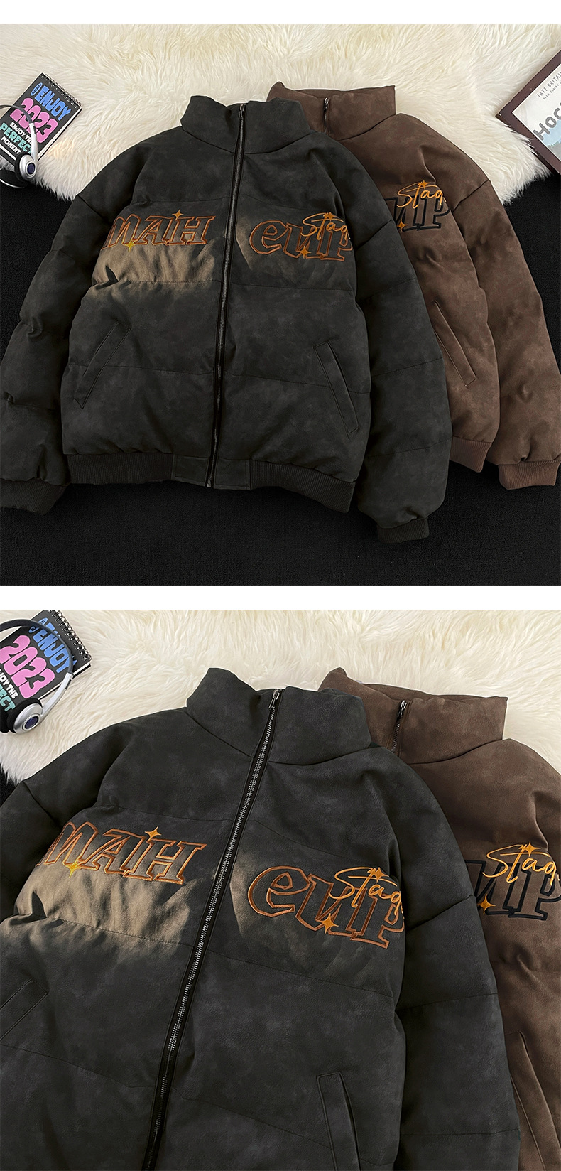 Vintage Embroidered PU Leather Down Jacket Cotton Jacket For Men And Women Winter Thickened Oversize Loose Leather Jacket Ins Tide_viptrois.com