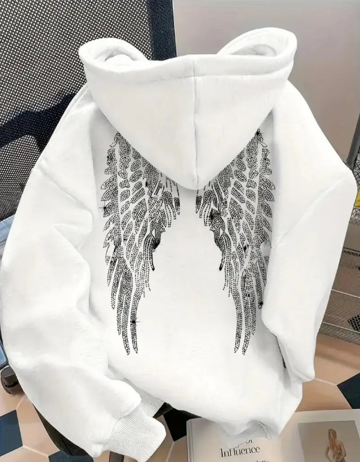 Women's Clothing Trendy Simple Design Wing Print Sweatshirt Casual Loose Sweatshirt Pullover Jacket_ecoleips.com
