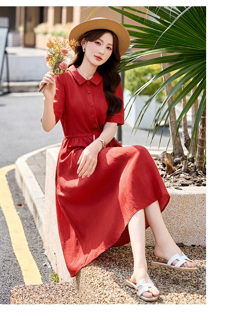 Đầm suông nữ midi dây rút eo cổ điển tay ngắn — Xanh lông mòng đen, màu đỏ chi tiết 21