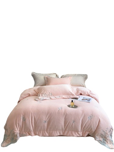 Modern style autumn and winter thickened warm brocade milk velvet high-end lily of the valley embroidery bedding bedding home textiles