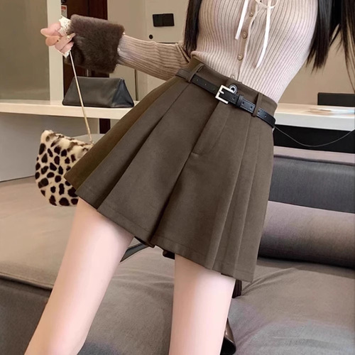 Women's Autumn/Winter Outerwear Boot Pants High-Waisted A-Line Wide Leg Casual Skirt - 2025 New Coffee Brown Pleated Wool Knit Shorts