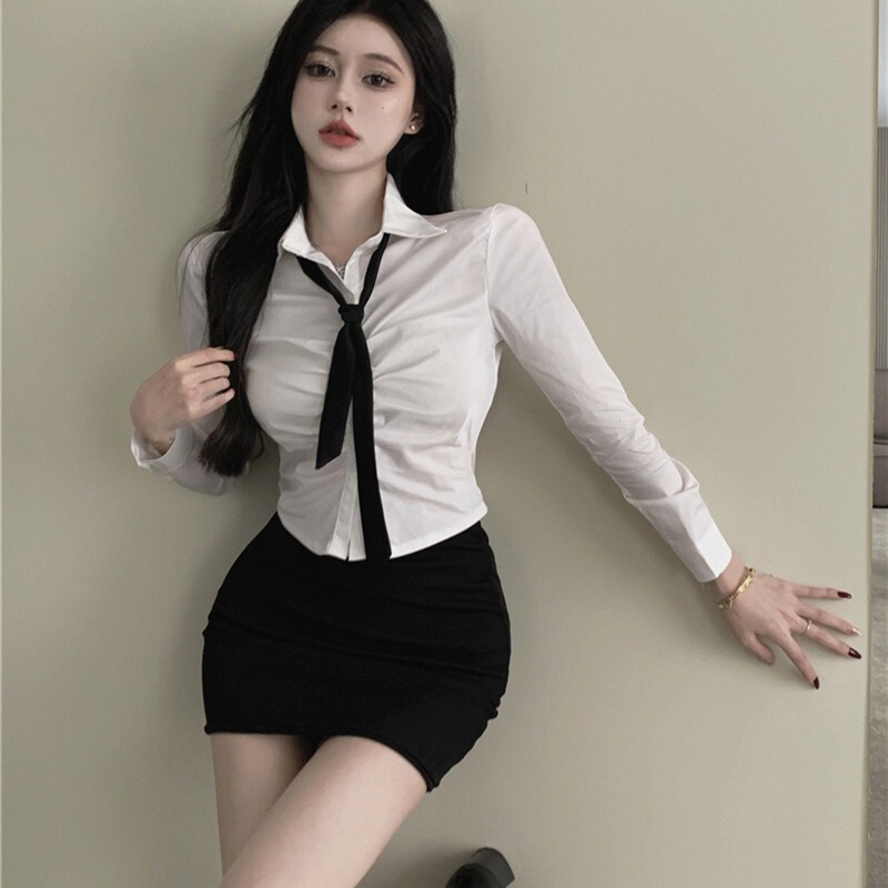 Pure Desire Sexy White Long Sleeve Shirt Black Hip Skirt Tie suit Internet Hot Spice Girl Foot Bath Uniform