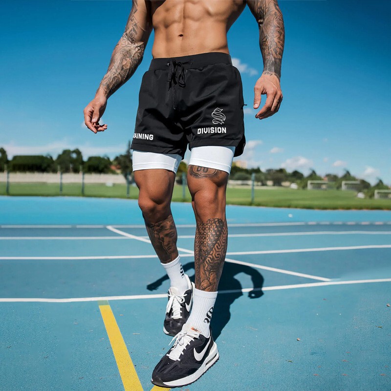 American Sports Shorts Men's Fitness Four-point Quick-dry Running Double-layer Fake Two-piece Basketball Training with Lining Two-in-one