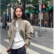 立领女短款风衣外套百搭韩版修身秋冬季新款小个子2024夹克军绿色