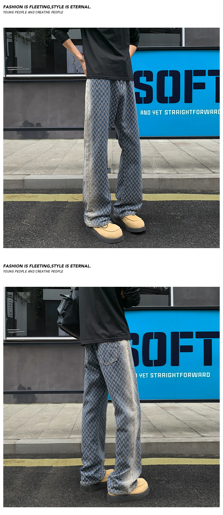Herren Jacquard Jeans Mit Allover-print Gerade Weite Hose_voghion.com