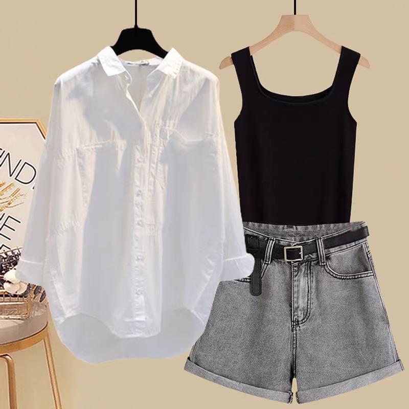 Jinbukang Summer Outfit with a Stylish Sun-Protective Shirt to Cover and Slim, High-End Denim Shorts for Petite Figures