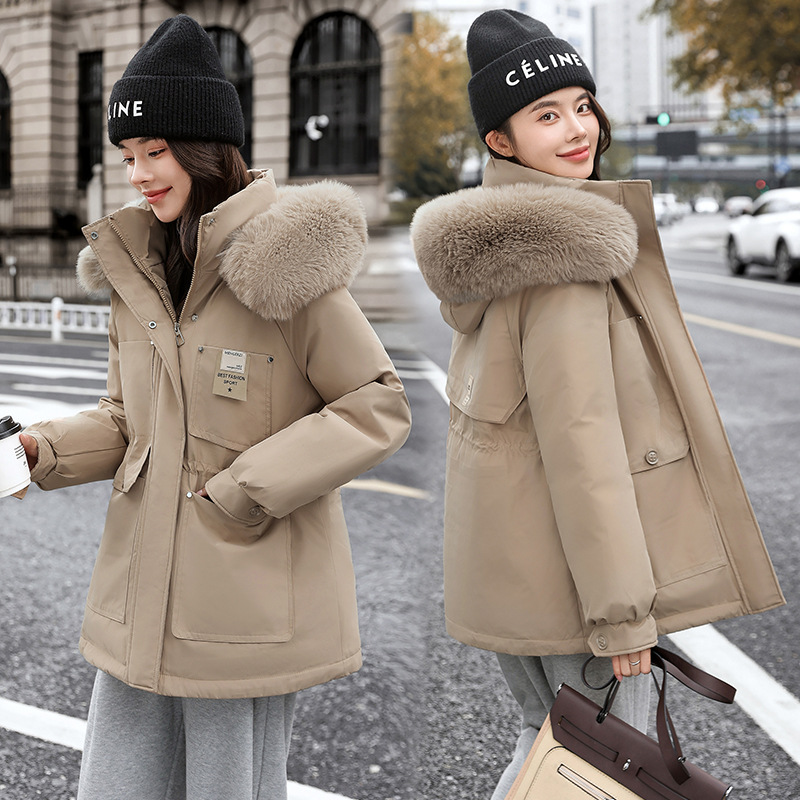 Trajes de mujer transfronterizos de terciopelo grueso para superar el estilo de invierno de 2025 nuevo estilo de cuello de cabello grande delgado abrigo de algodón delgado image 4