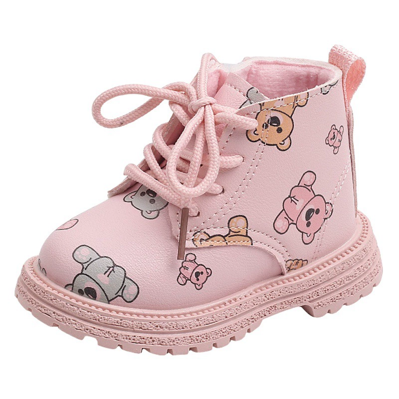 2022 осень и зима Новые теплые хлопковые тонкие бархатные кожаные сапоги на шнуровке для маленьких девочек, ботинки Martin для мальчиков, короткие сапоги с милым медведем