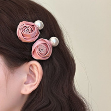 新款小众法式发夹高级感玫瑰花朵bb夹气质优雅侧边珍珠刘海夹发饰