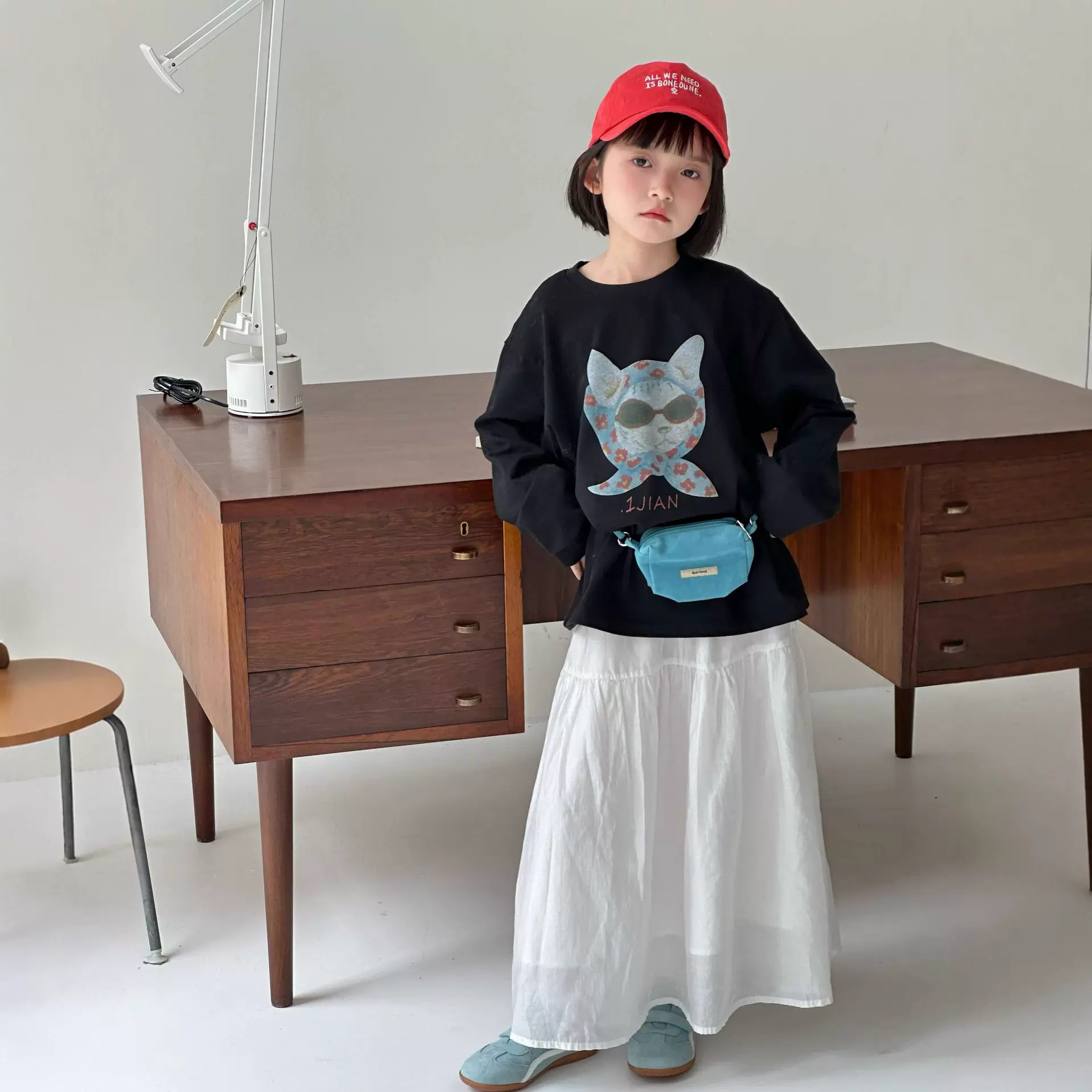 2025秋季新款韩版儿童卡通猫咪印花T恤男女童圆领百搭打底上衣潮