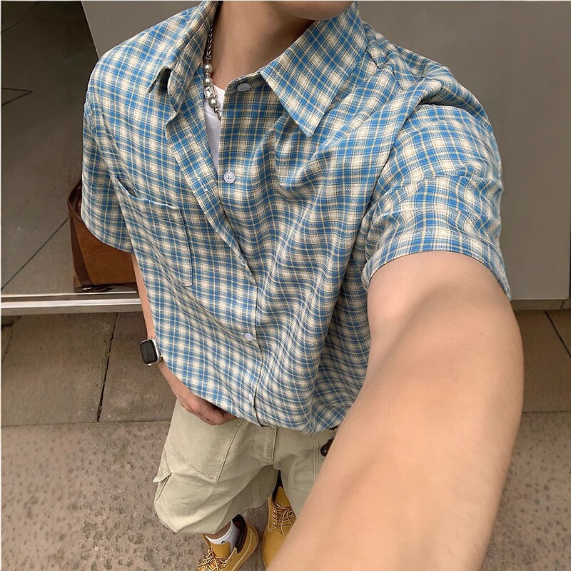 American Retro Short-Sleeved Plaid Shirt for Men, Summer Clean and Sunny Style for Boys, Loose Half-Sleeved Shirt Top