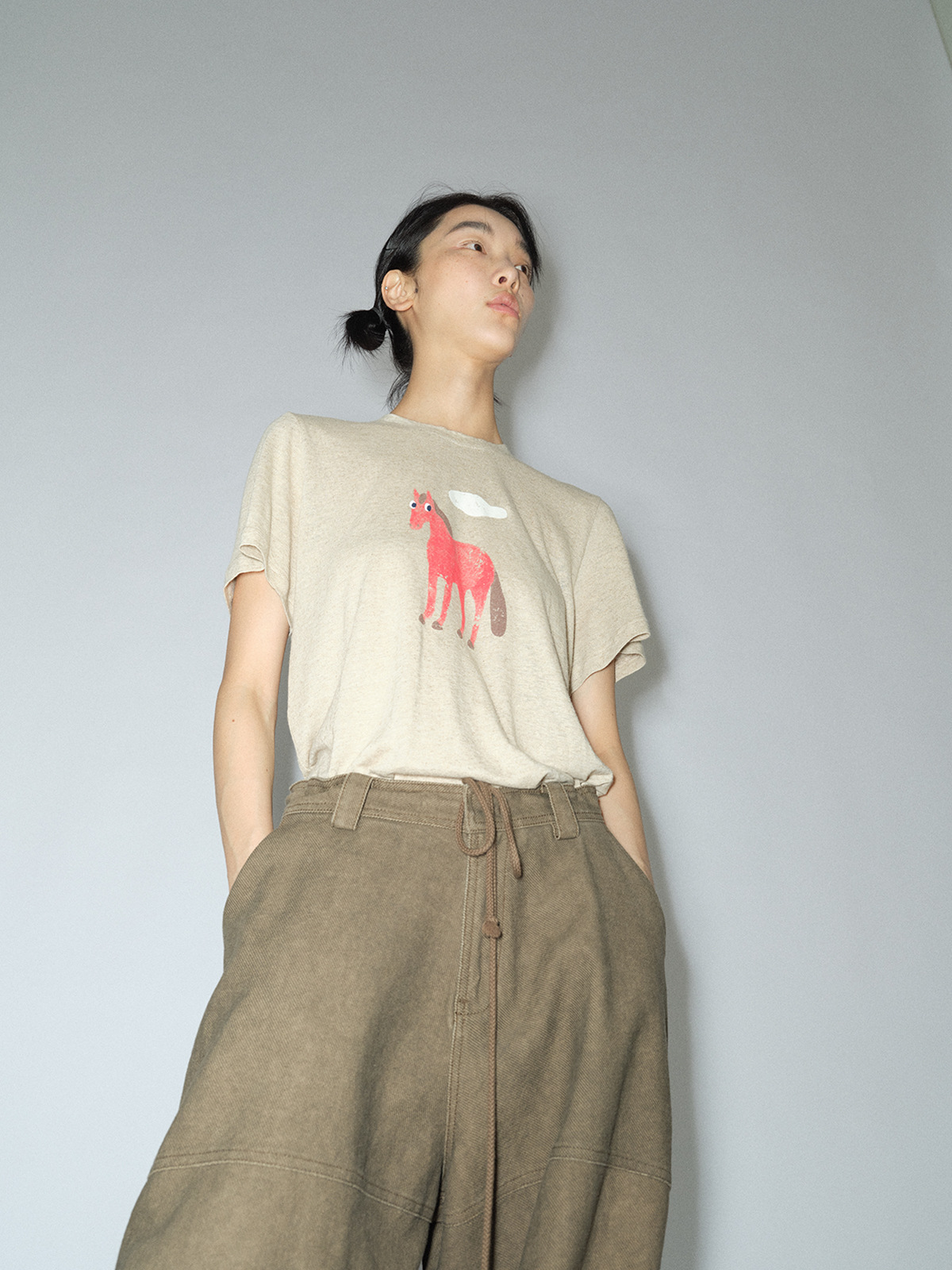 [知識時] 新商品の亜麻通気性ポニープリント丸襟半袖ゆったりカジュアルtシャツの上着の女性v 8208