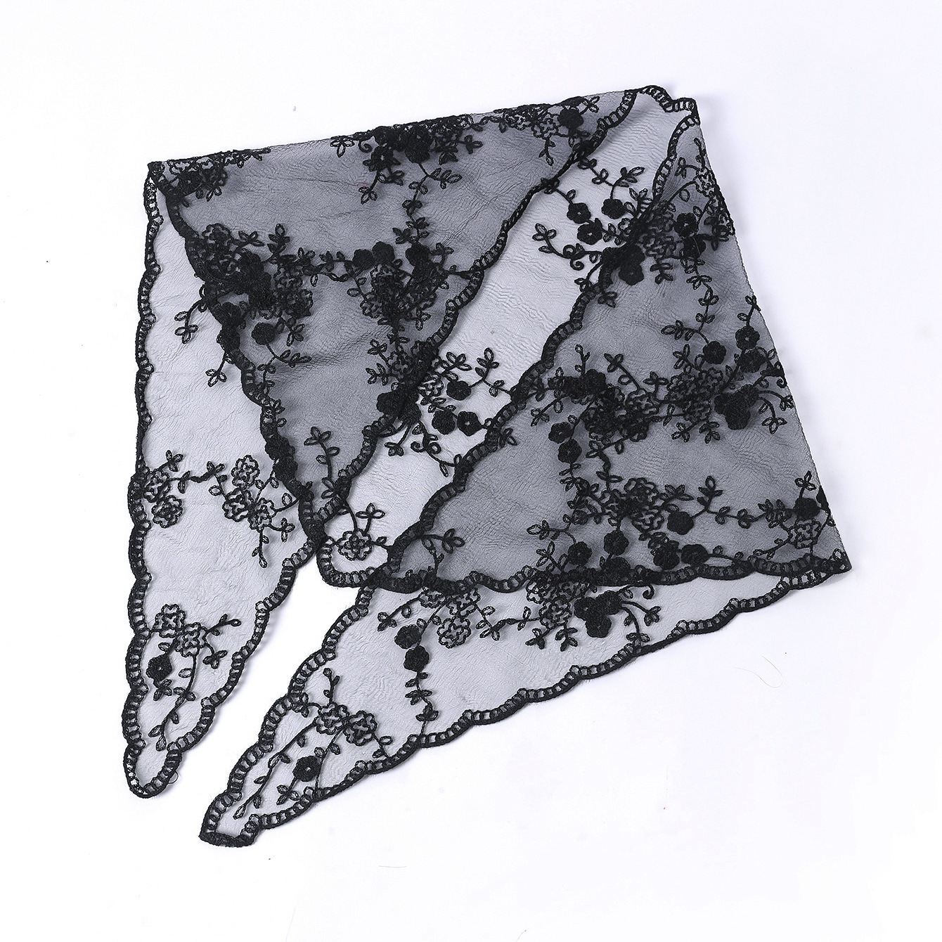 New Fashion Embroidered Floral Triangle Scarf for Women, Lace Solid Color Headscarf, French Retro Head Wrap, Photo Shoot Silk Scarf