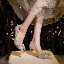 2024新款格利特新娘鞋尖头浅口银色蝴蝶结婚鞋水晶伴娘高跟鞋单鞋