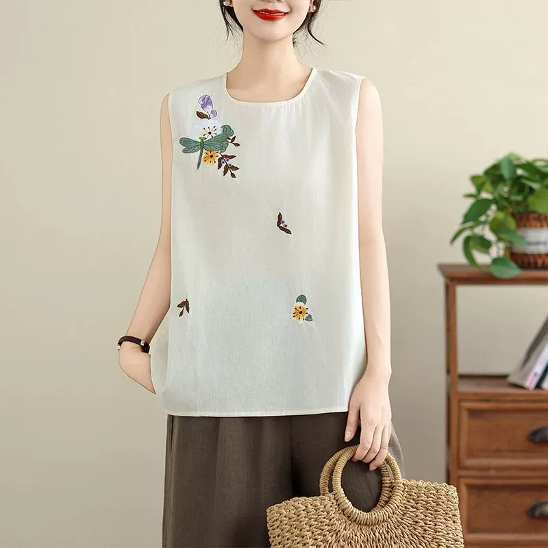 Новый летний ретро китайский льняной жилет с вышивкой для женщин, свободный универсальный тонкий повседневный топ без рукавов большого размера