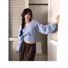 chic韩系上衣针织女衫v领侧边系开扣收腰显瘦百搭春季女套头毛衣