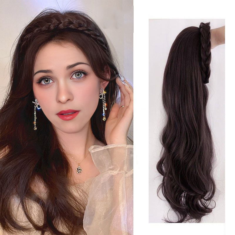 Factory wholesale wig women's long hair twist braid hairband wig one water ripple half head cover fishbone braid in stock