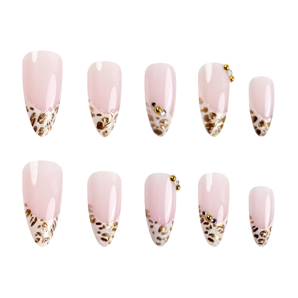 Comercio exterior 3D oro leopardo impresión de manicuras francesas dulce fresco desnudo diamante rosa desgaste de uñas 24 piezas de parche de uñas image 5