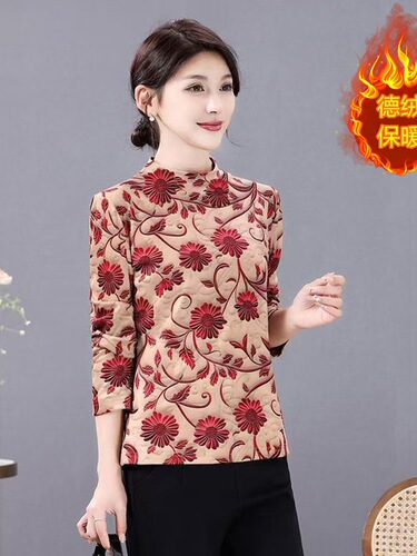 220 kert velvet double-sided velvet digital print fashionable T-shirt semi-high collar floral all-match long-sleeved top slim bottomed shirt