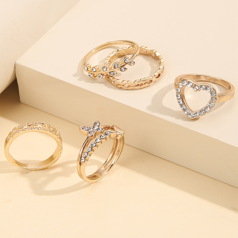 1 Set Retro Heart Shape Butterfly Alloy Plating Metal Rhinestones Womenu0027S Rings