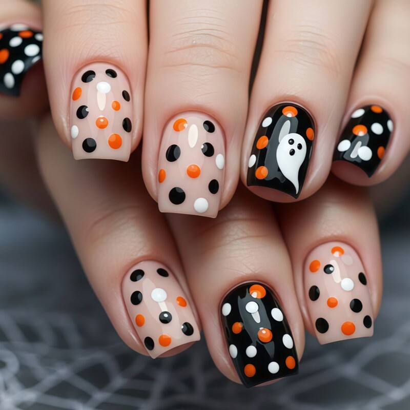 Halloween Nail Art, Polka Dot Cartoon Ghost Simple Nail Art, 24 Pieces of European and American Fashion Fake Nails Halloween Nail Art, Polka Dot Cartoon Ghost Simple Nail Art, 24 Pieces of European and American Fashion Fake Nails