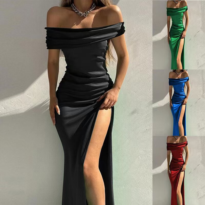 New Foreign Trade Style Tight-Fitting Dress for Women, Solid Color Sleeveless Mid-Length Off-The-Shoulder Dress, Sexy Evening Gown for Summer