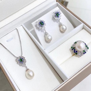 European and American color treasure instant natural pearl three-piece suit s925 silver baroque pearl necklace earrings ring