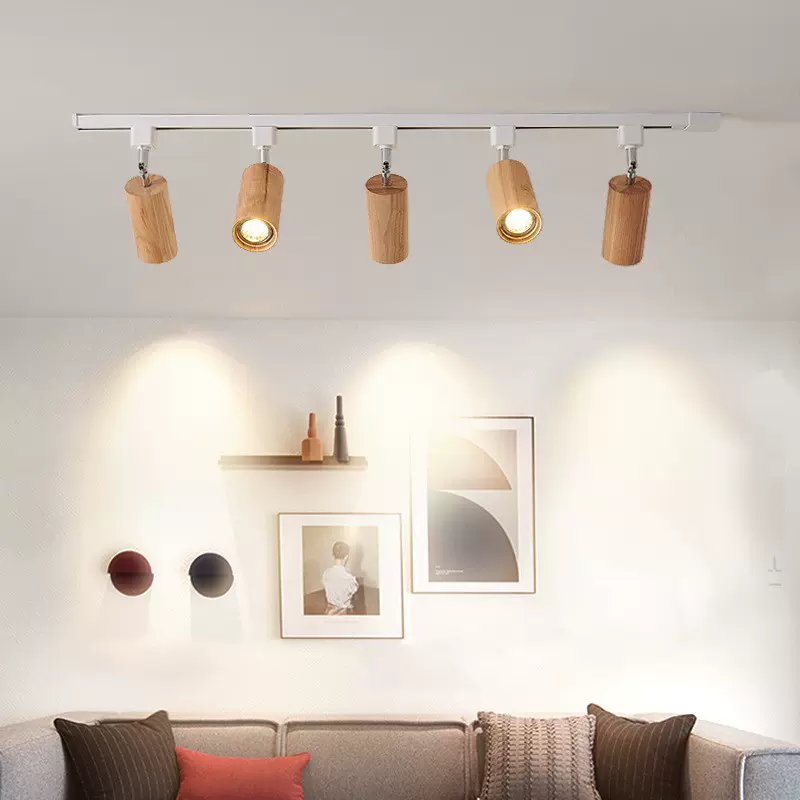 北欧客厅实木射灯无主灯日式家用led背景墙明装个性cob聚光轨道灯