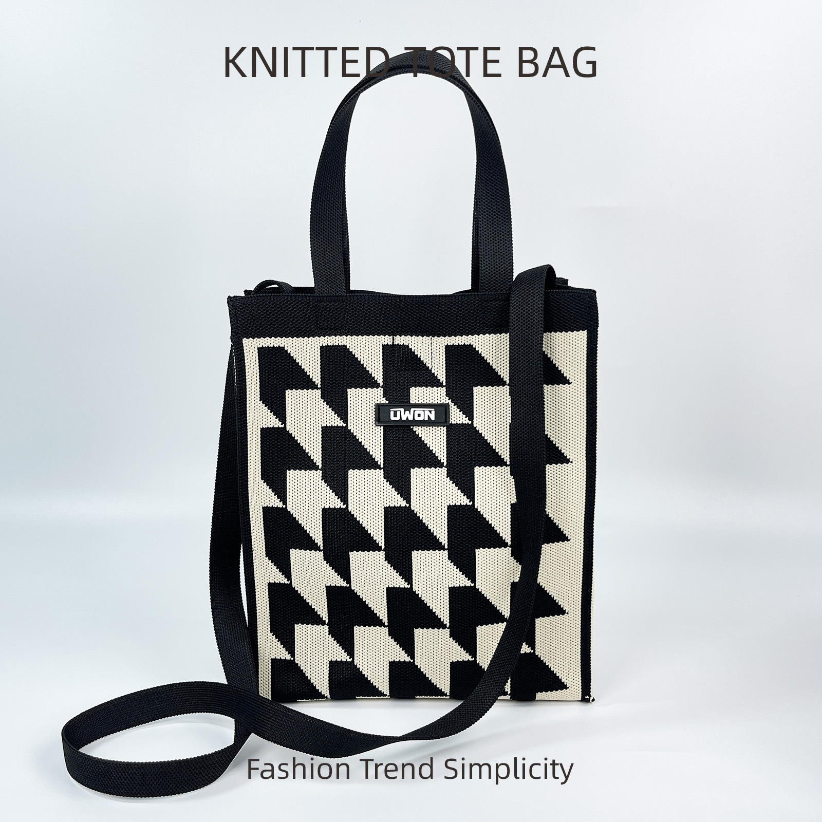 Nuevo bolso de hombro de punto de rombo en blanco y negro, bolso de mensajero de viaje de gran capacidad casual coreano, bolso cuadrado pequeño