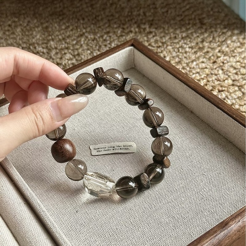 幸柿|天然透体茶水晶白水晶檀木隔片圆珠异形白水晶女生手串|undefined