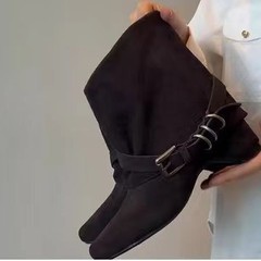 内增高软皮酷帅风显瘦美拉德西部靴女皮带扣内磨砂皮裤管靴秋冬