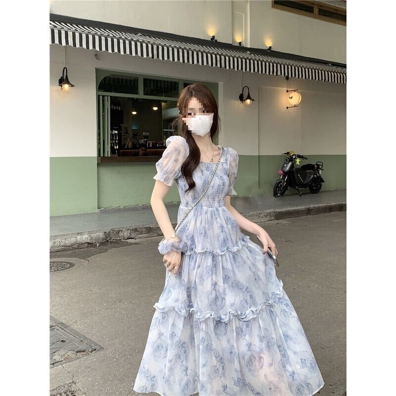 Puff-Sleeved Floral Dress with a Sweet and Elegant Style, Long Tea-Length Dress with a French Summer Vibe, Slim Fit and Waist-Cinching for Women Puff-Sleeved Floral Dress with a Sweet and Elegant Style, Long Tea-Length Dress with a French Summer Vibe, Slim Fit and Waist-Cinching for Women