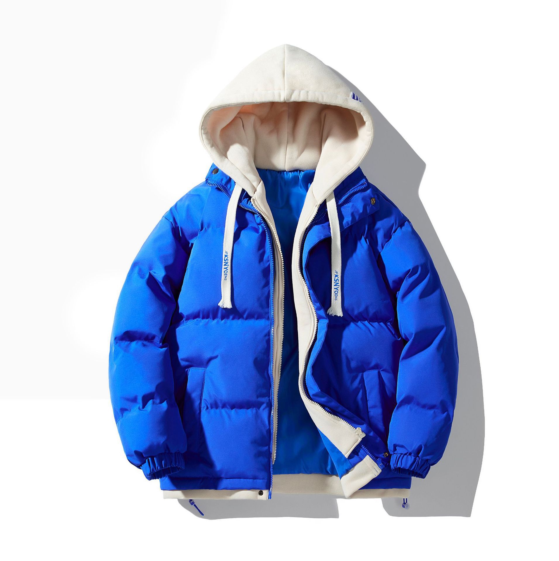 Chaqueta de Algodón de Talla Grande para Hombre, Otoño/Invierno 2025, Chaqueta Acolchada de Moda con Capucha de Dos Piezas Falsas para Parejas, Gruesa y Cálida, Chaqueta de Algodón de Marca Moderna.