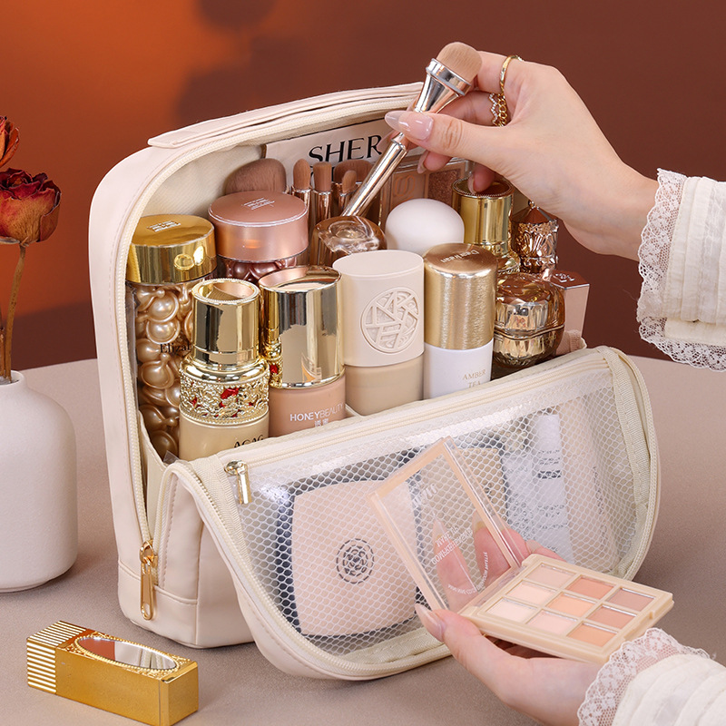 Bolsa de maquillaje vertical transfronteriza portátil de gran capacidad para mujeres 2025 nueva bolsa de maquillaje de alta gama para productos de cuidado de la piel