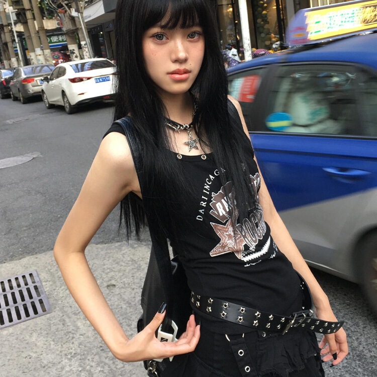 [260g Rayon Modal] Subculture Sleeveless Vest Rock Printed Punk T-Shirt Sweet and Cool Y2K Top