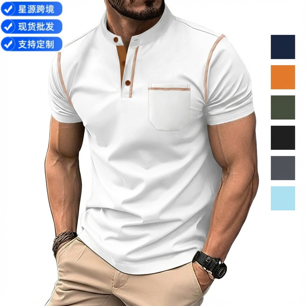 European and American Ins Cross-Border 2026 Summer Aliexpress Amazon Polo Shirt Stand Collar Pocket Men's Sports Polo Shirt